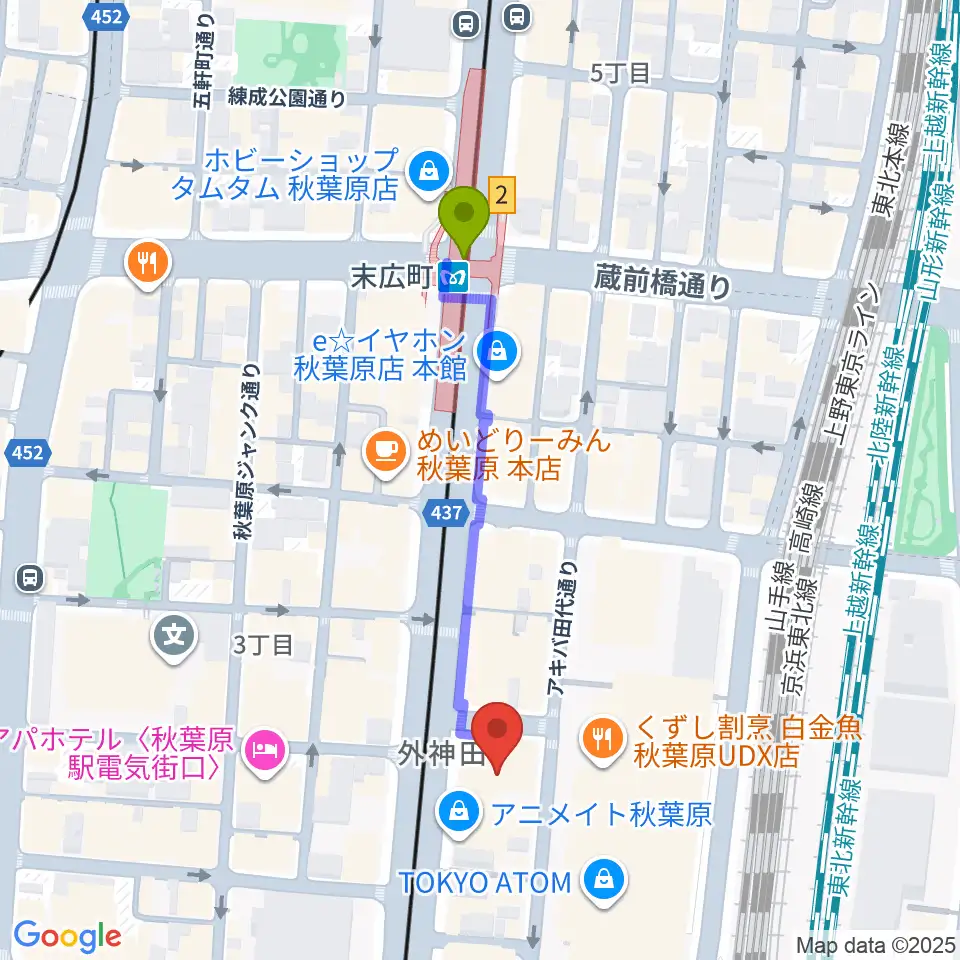 AKB48劇場の最寄駅末広町駅からの徒歩ルート（約4分）地図