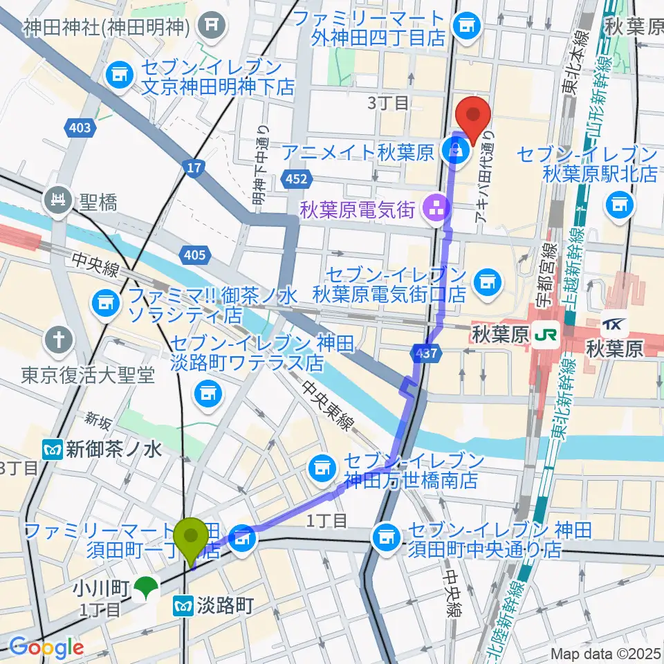 淡路町駅からAKB48劇場へのルートマップ地図