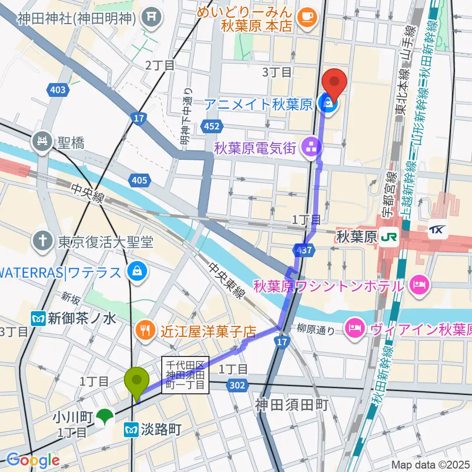 淡路町駅からAKB48劇場へのルートマップ地図