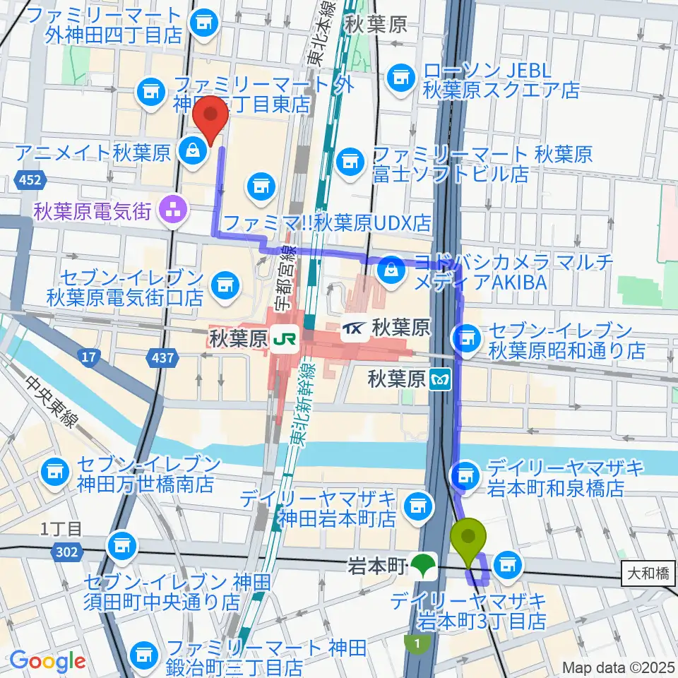 岩本町駅からAKB48劇場へのルートマップ地図