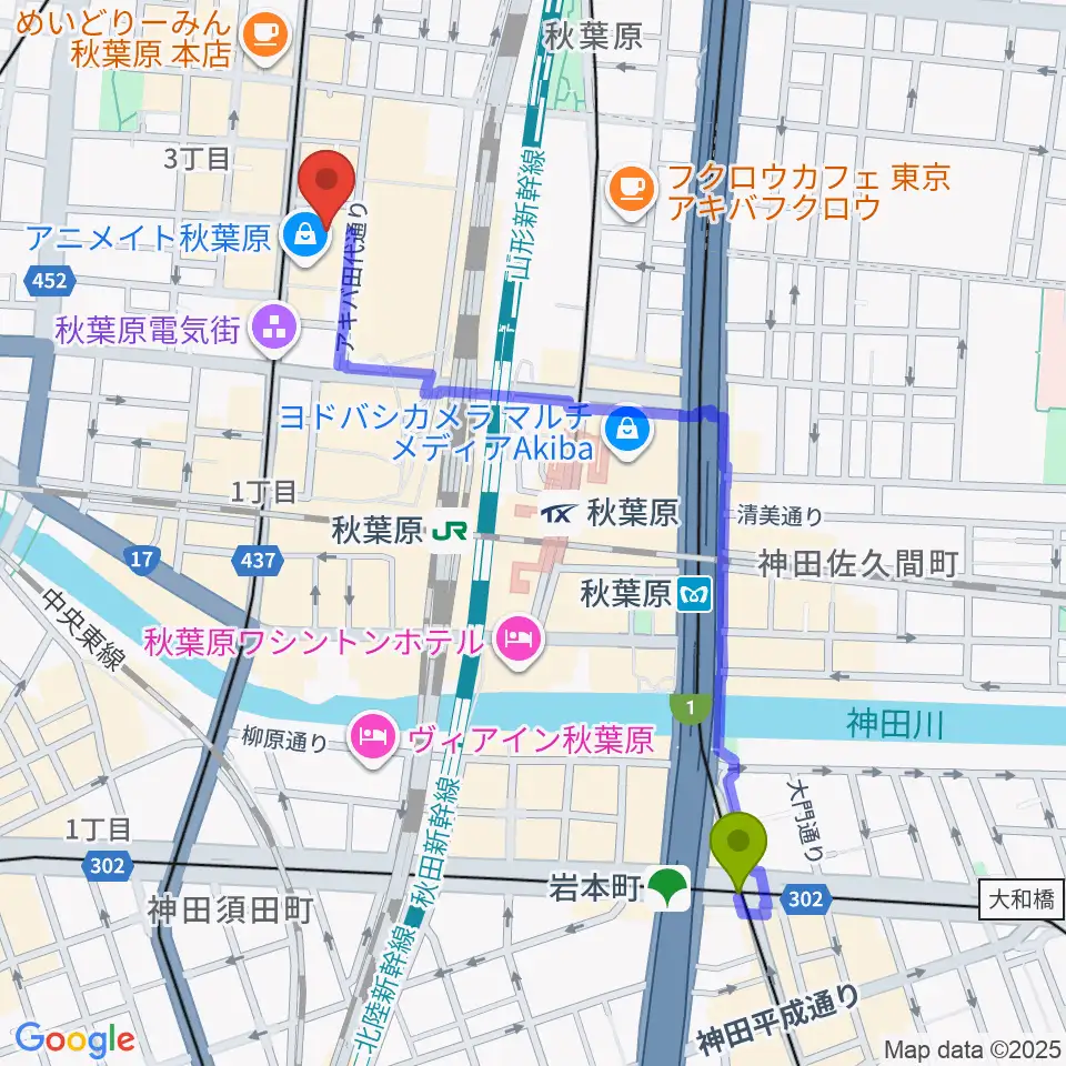 岩本町駅からAKB48劇場へのルートマップ地図