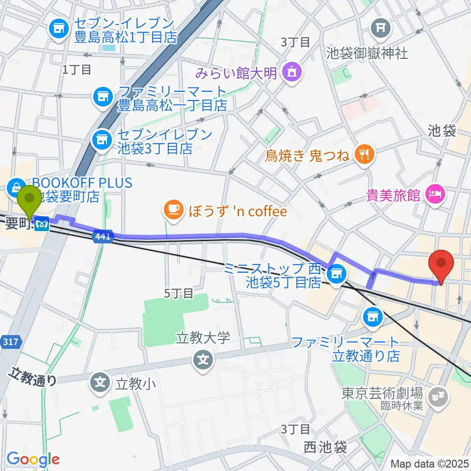 要町駅から池袋BlackHoleへのルートマップ地図