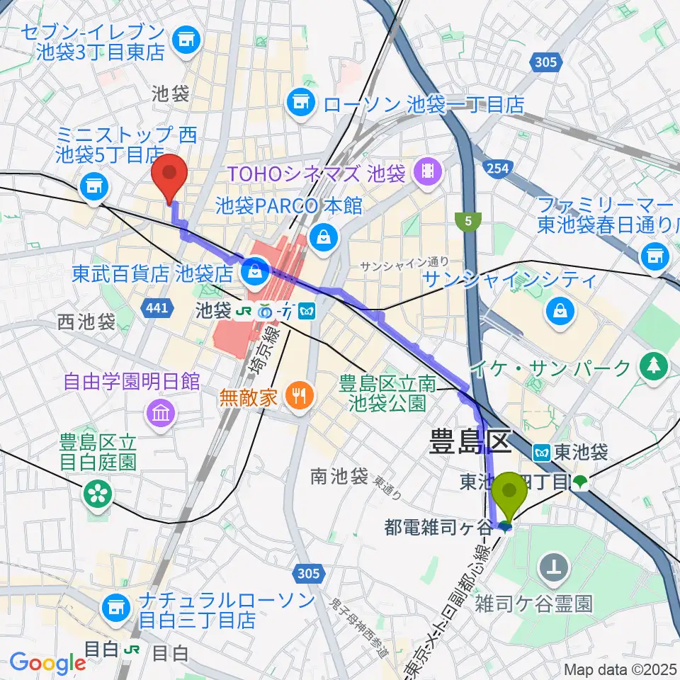都電雑司ヶ谷駅から池袋BlackHoleへのルートマップ地図