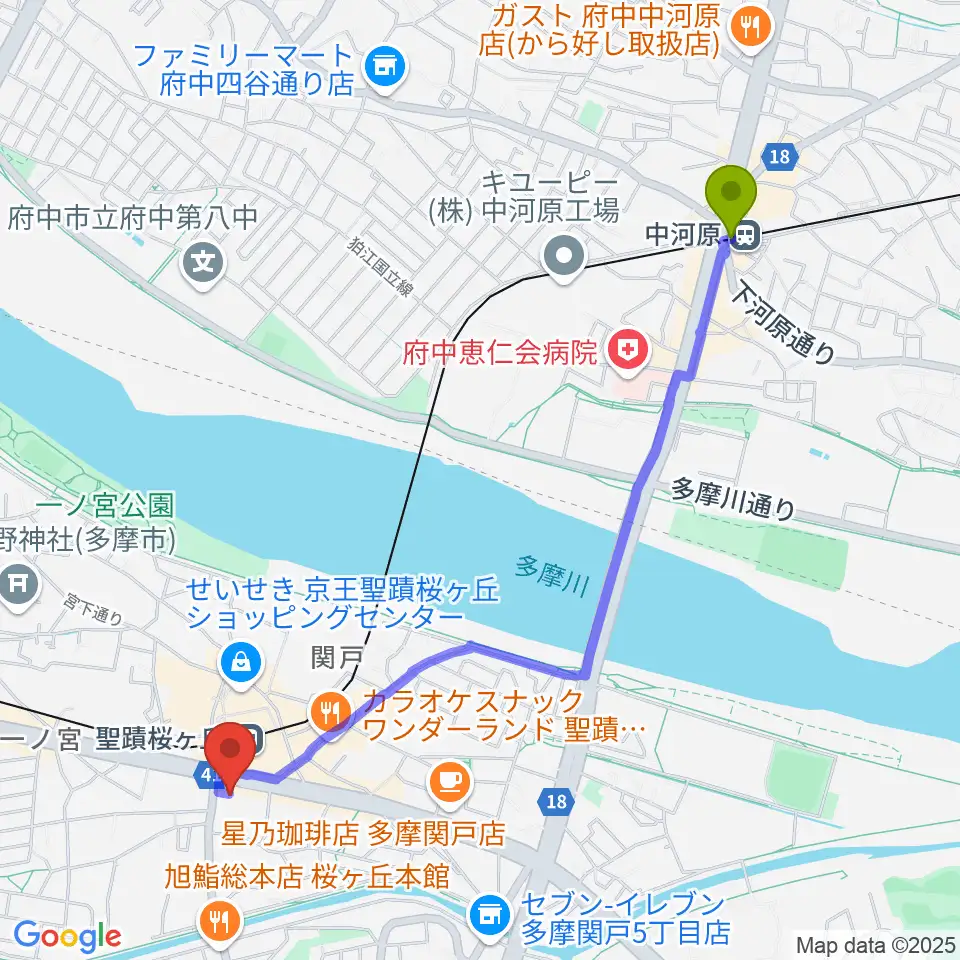 中河原駅から関戸公民館へのルートマップ地図