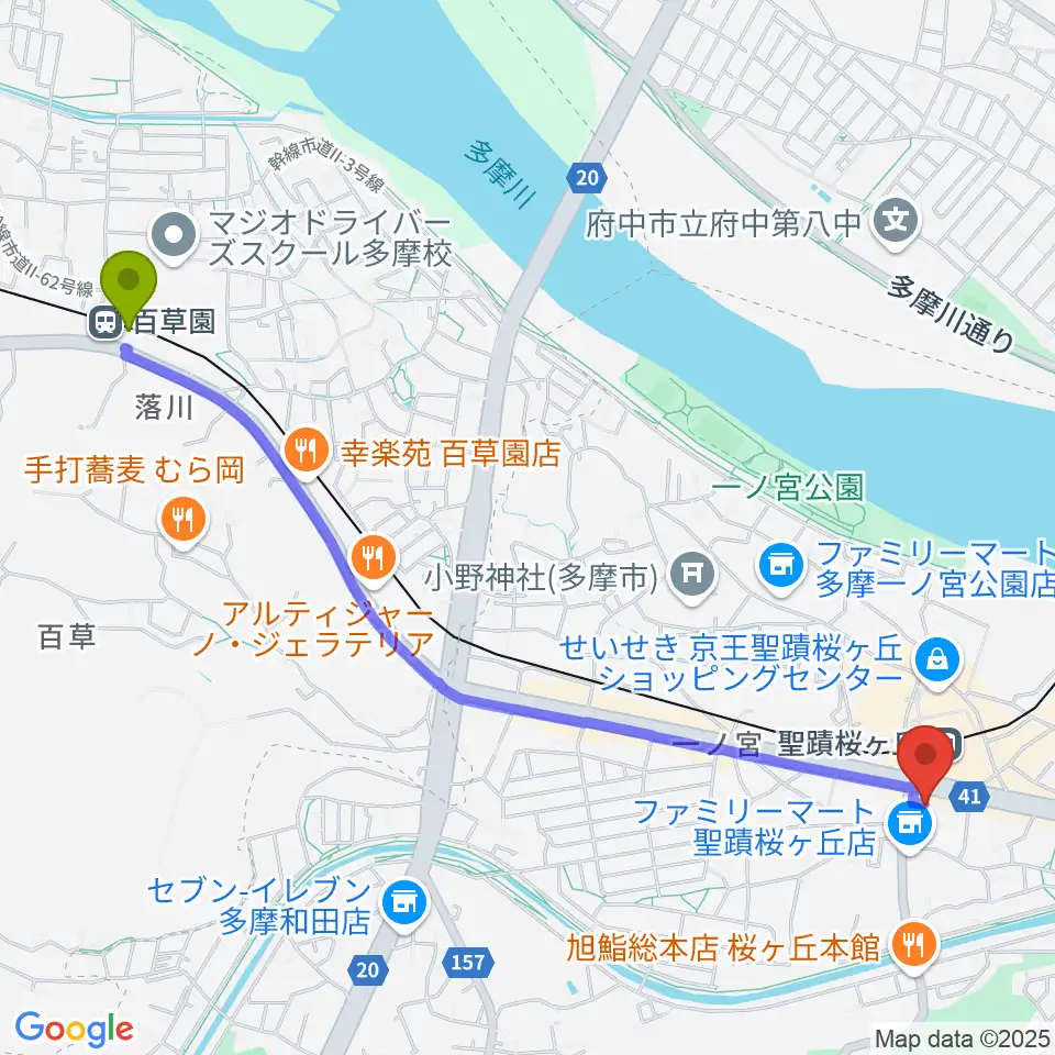 百草園駅から関戸公民館へのルートマップ地図