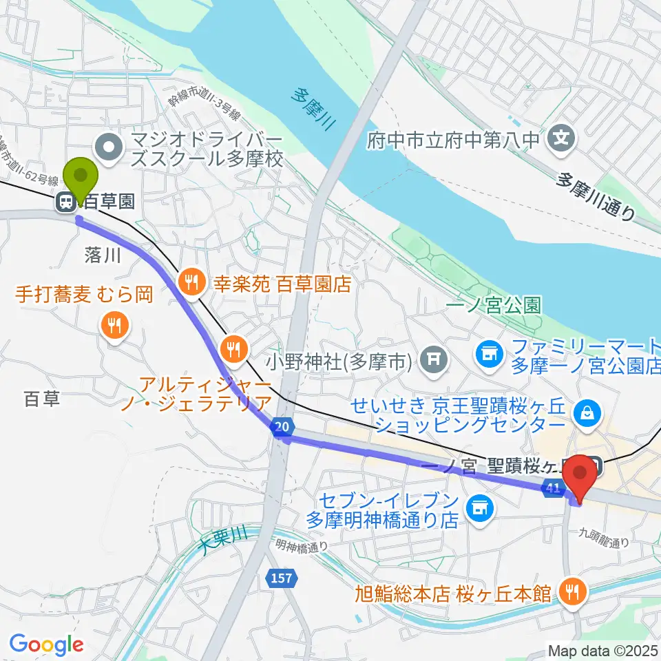 百草園駅から関戸公民館へのルートマップ地図