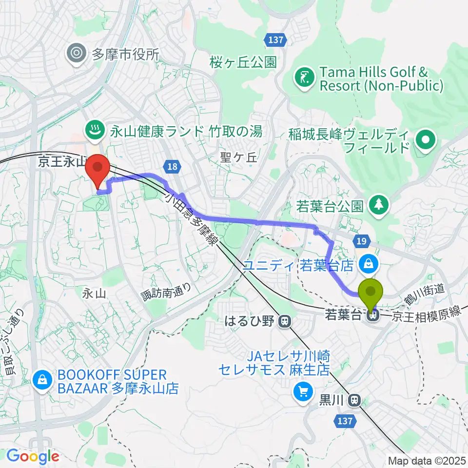 若葉台駅からベルブ永山へのルートマップ地図