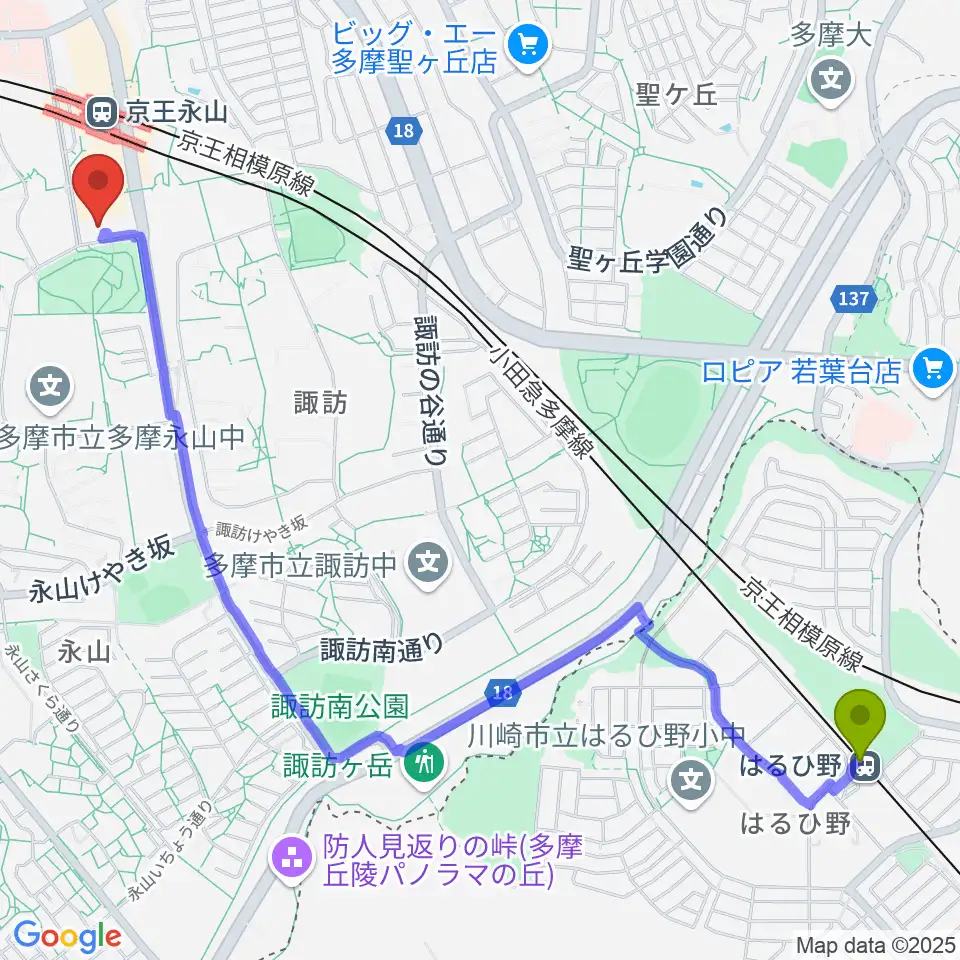 はるひ野駅からベルブ永山へのルートマップ地図