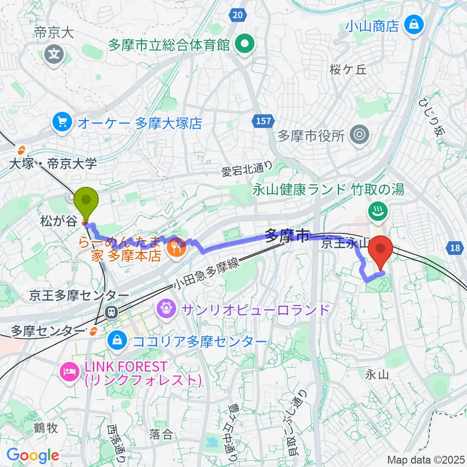 松が谷駅からベルブ永山へのルートマップ地図