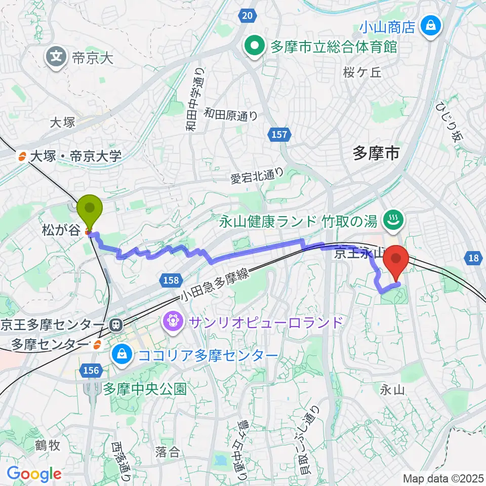 松が谷駅からベルブ永山へのルートマップ地図