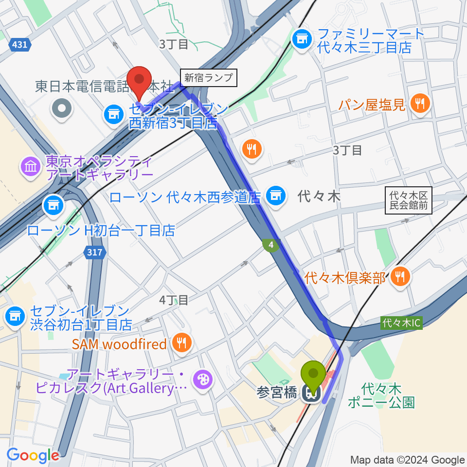 参宮橋駅から初台WALLへのルートマップ地図