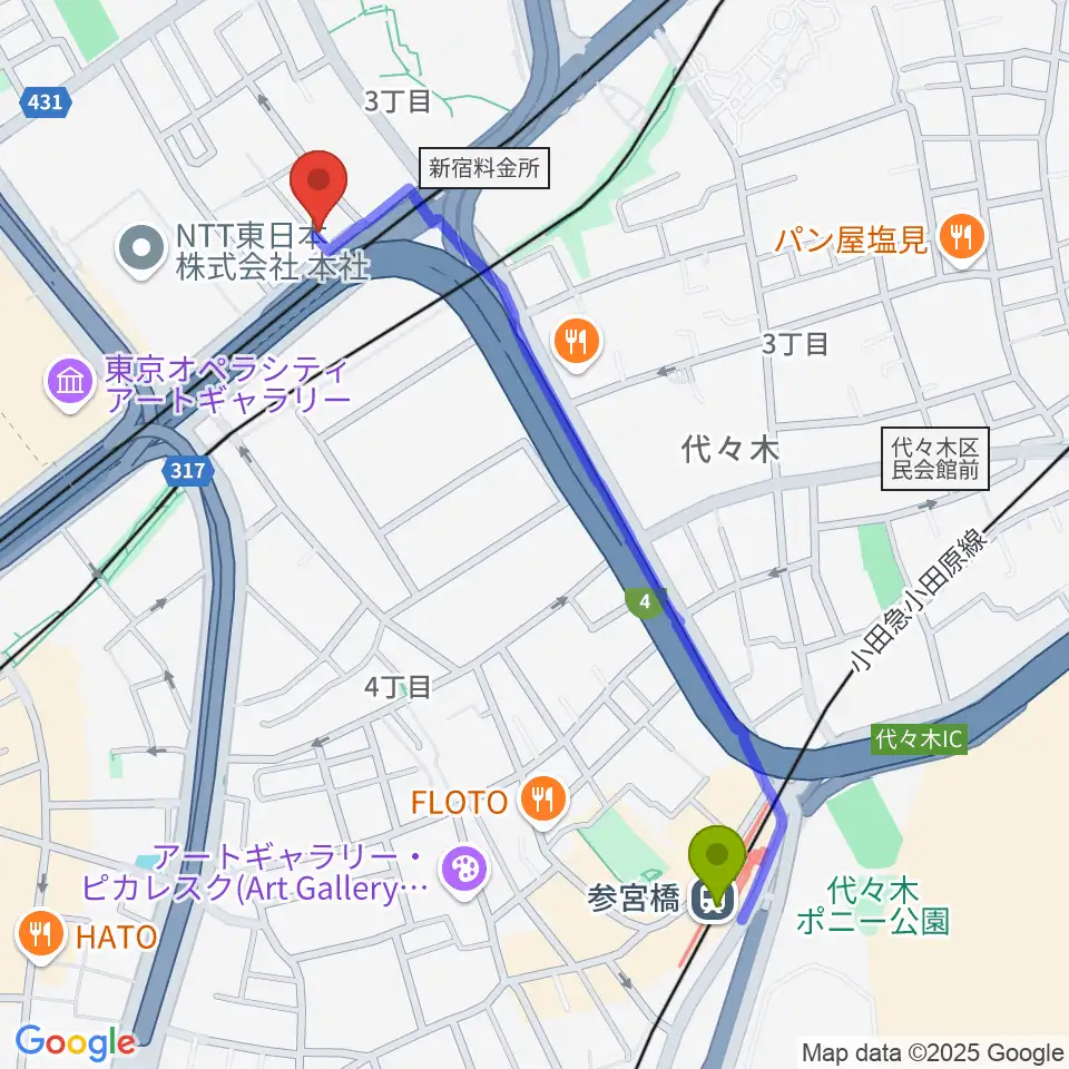 参宮橋駅から初台WALLへのルートマップ地図