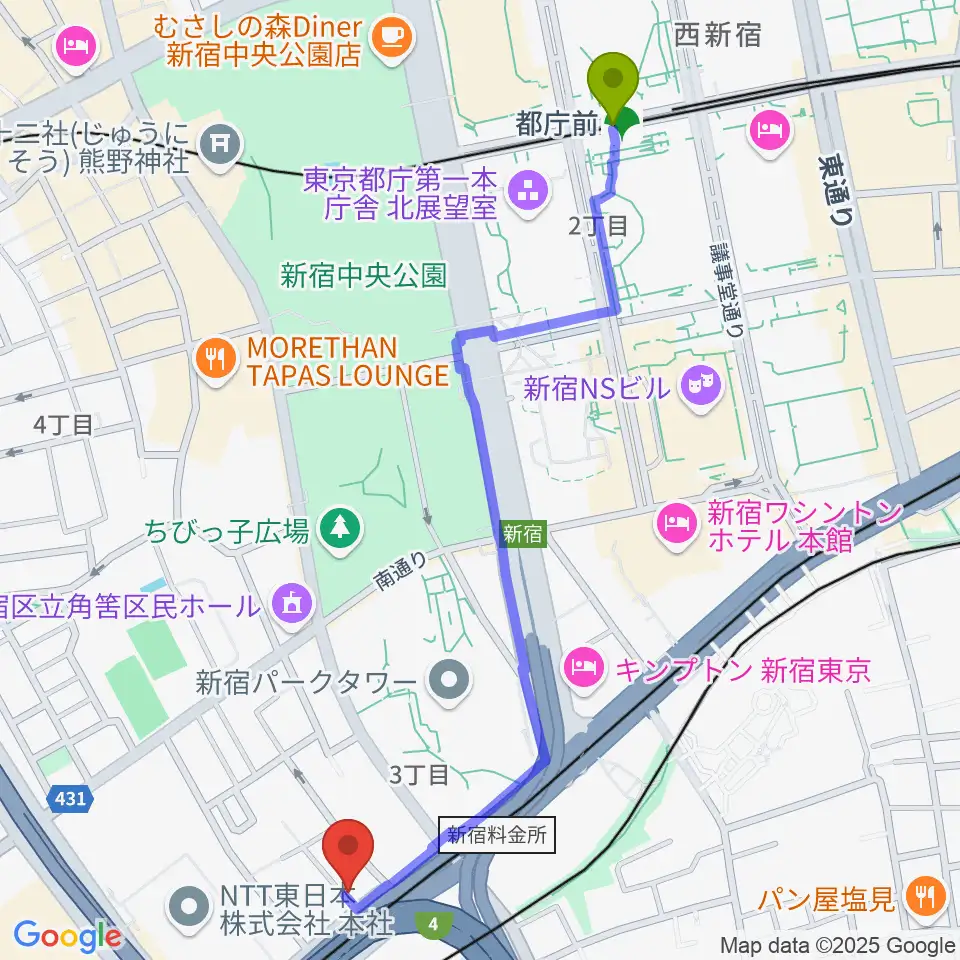 都庁前駅から初台WALLへのルートマップ地図