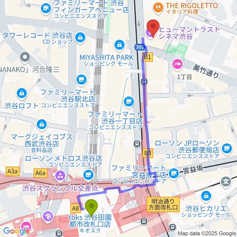 東京カルチャーカルチャーの最寄駅渋谷駅からの徒歩ルート（約6分）地図