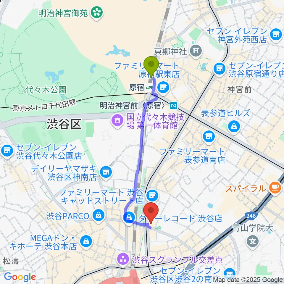 原宿駅から東京カルチャーカルチャーへのルートマップ地図