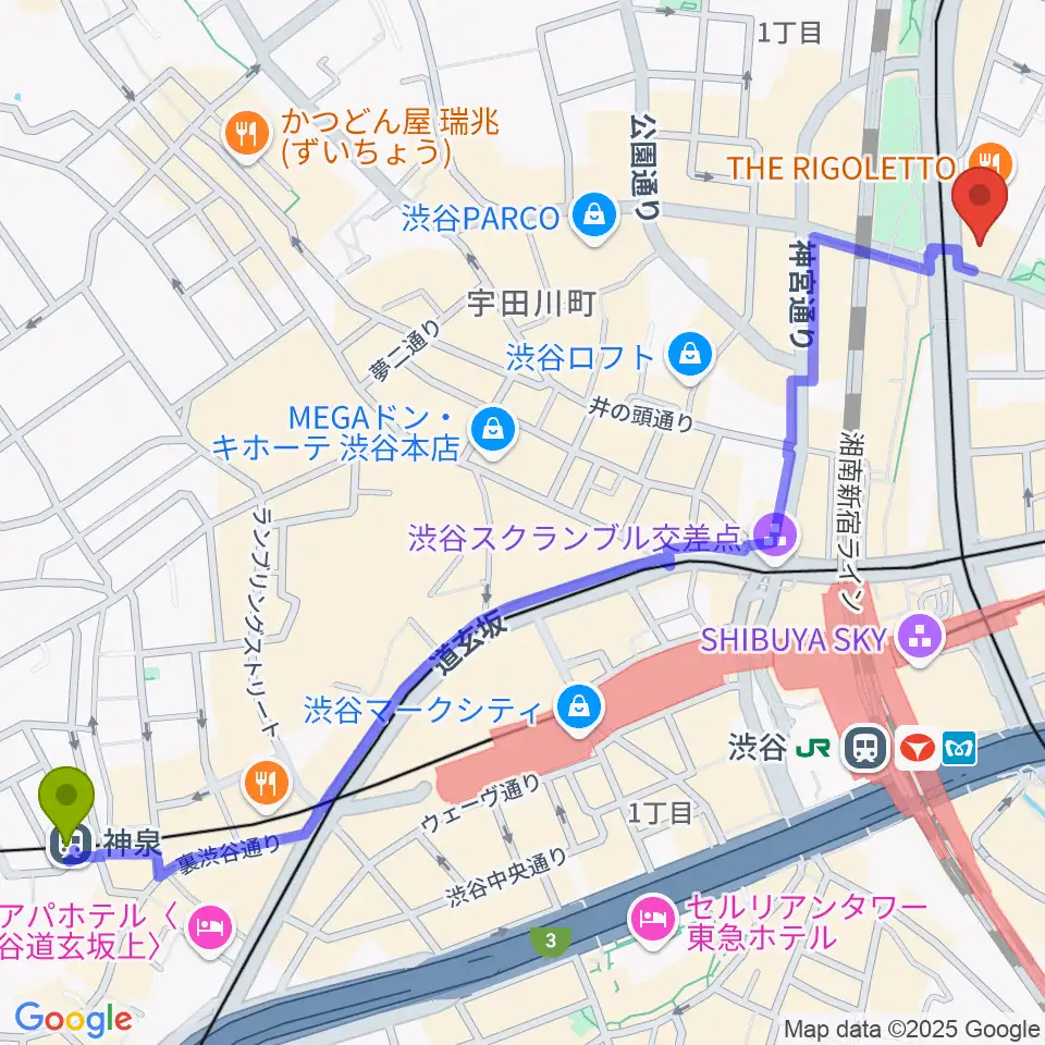 神泉駅から東京カルチャーカルチャーへのルートマップ地図