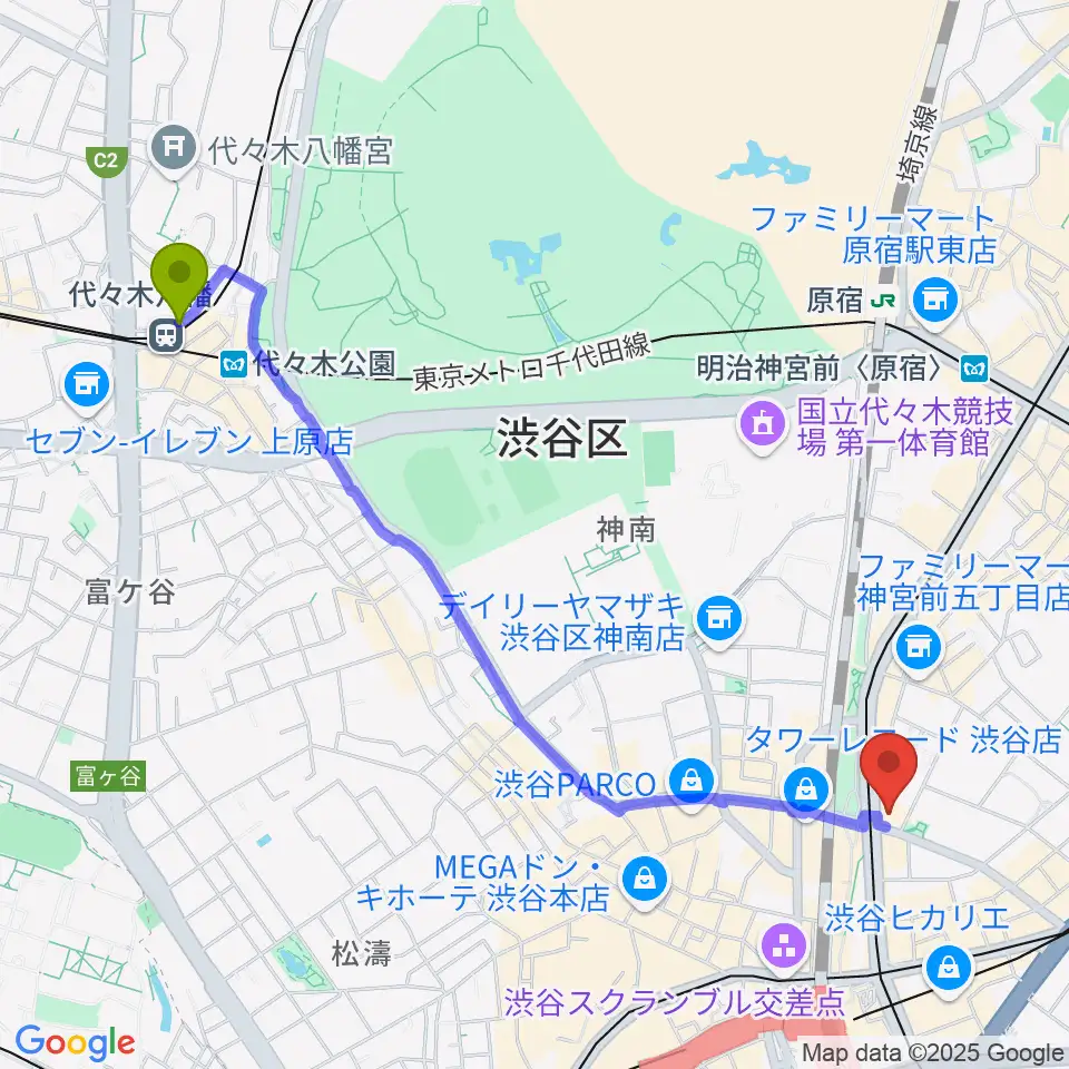代々木八幡駅から東京カルチャーカルチャーへのルートマップ地図