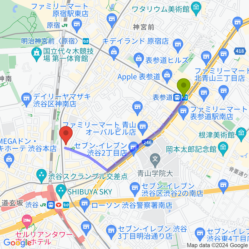 表参道駅から東京カルチャーカルチャーへのルートマップ地図