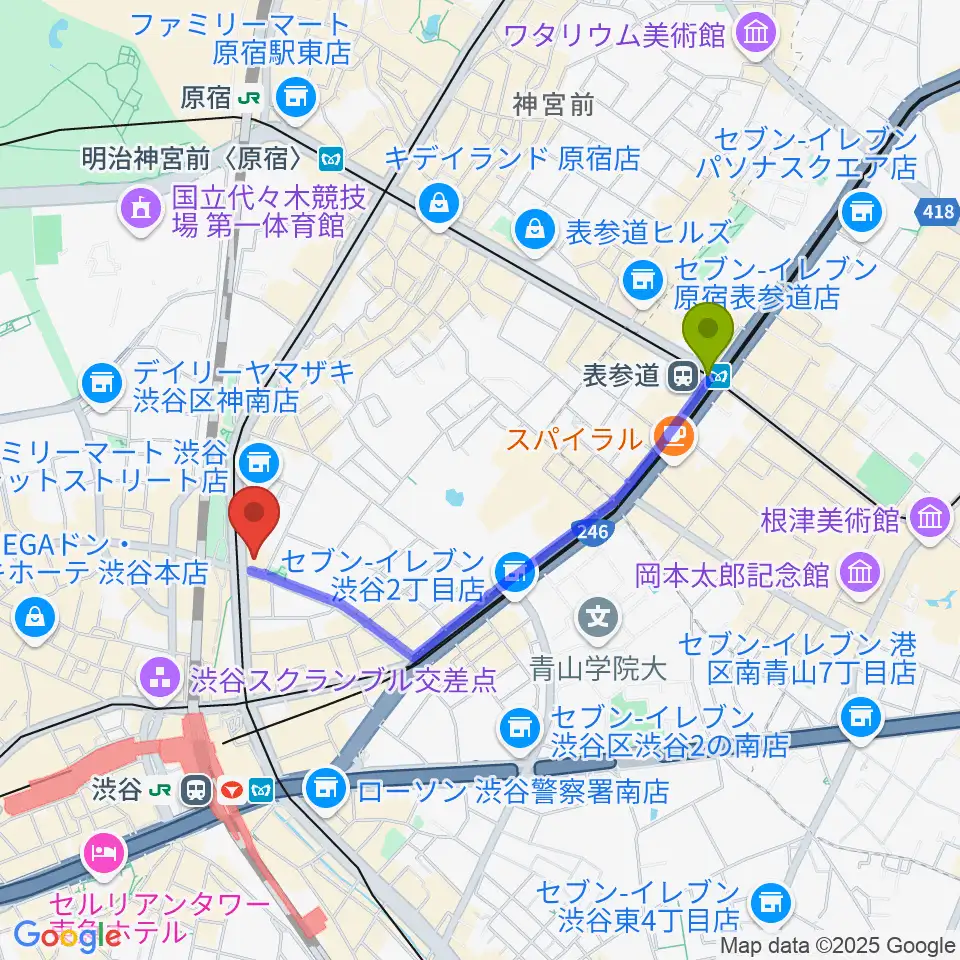 表参道駅から東京カルチャーカルチャーへのルートマップ地図