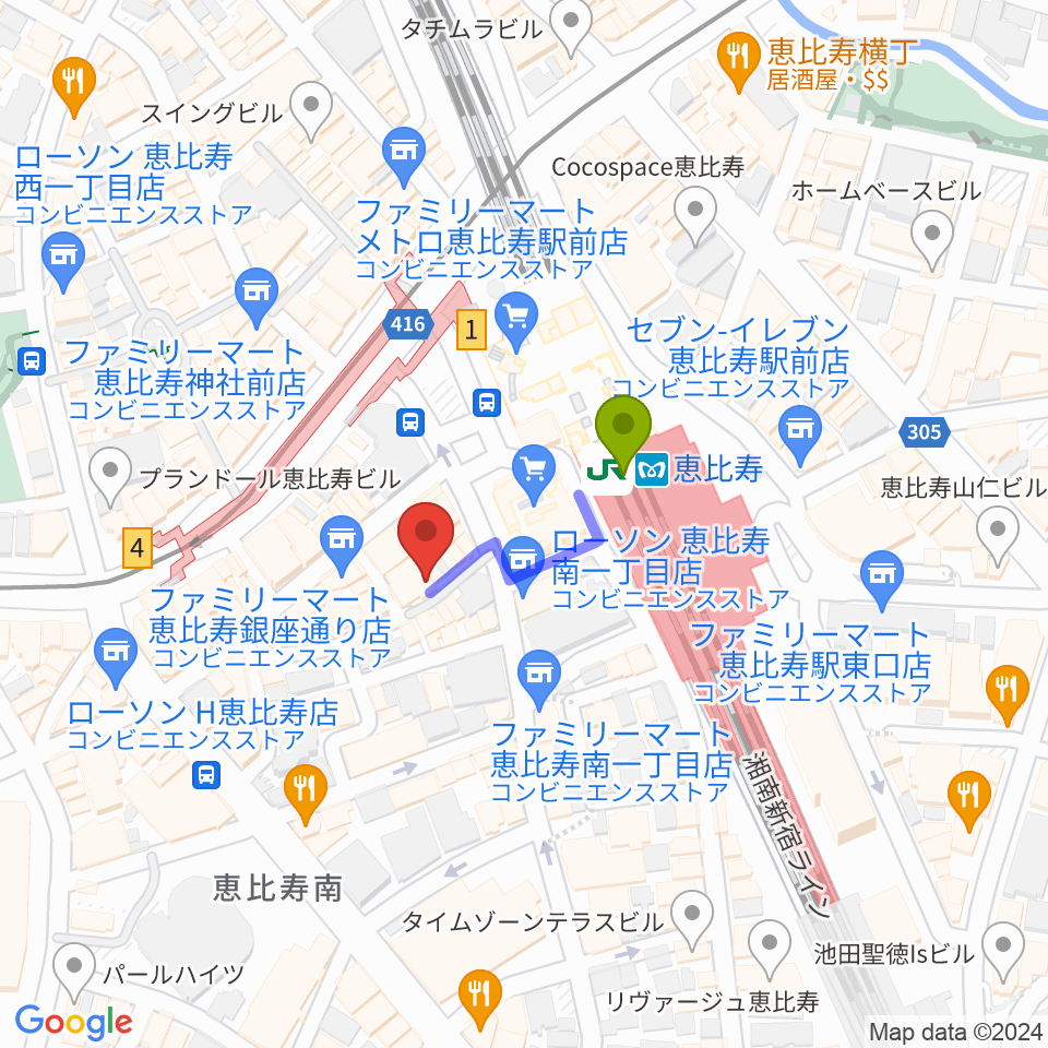 恵比寿JAN KEN PONの最寄駅恵比寿駅からの徒歩ルート（約2分）地図