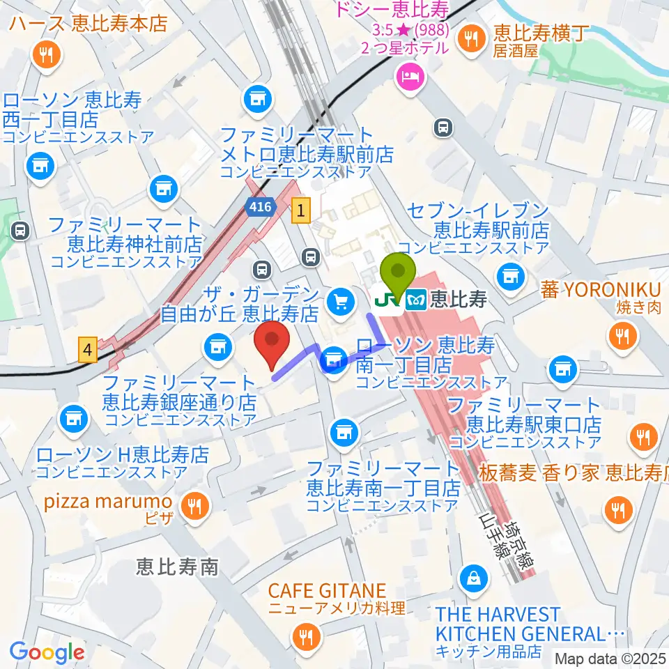 恵比寿JAN KEN PONの最寄駅恵比寿駅からの徒歩ルート（約2分）地図