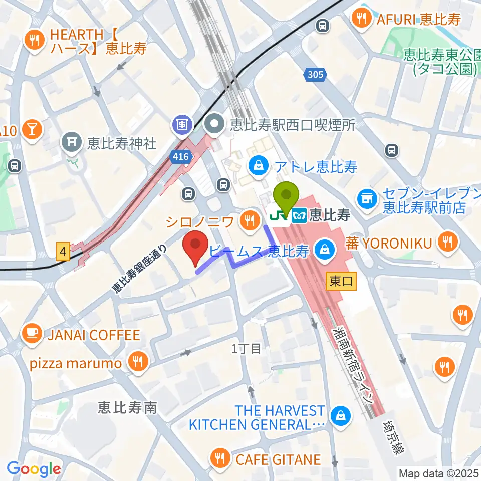 恵比寿JAN KEN PONの最寄駅恵比寿駅からの徒歩ルート（約2分）地図
