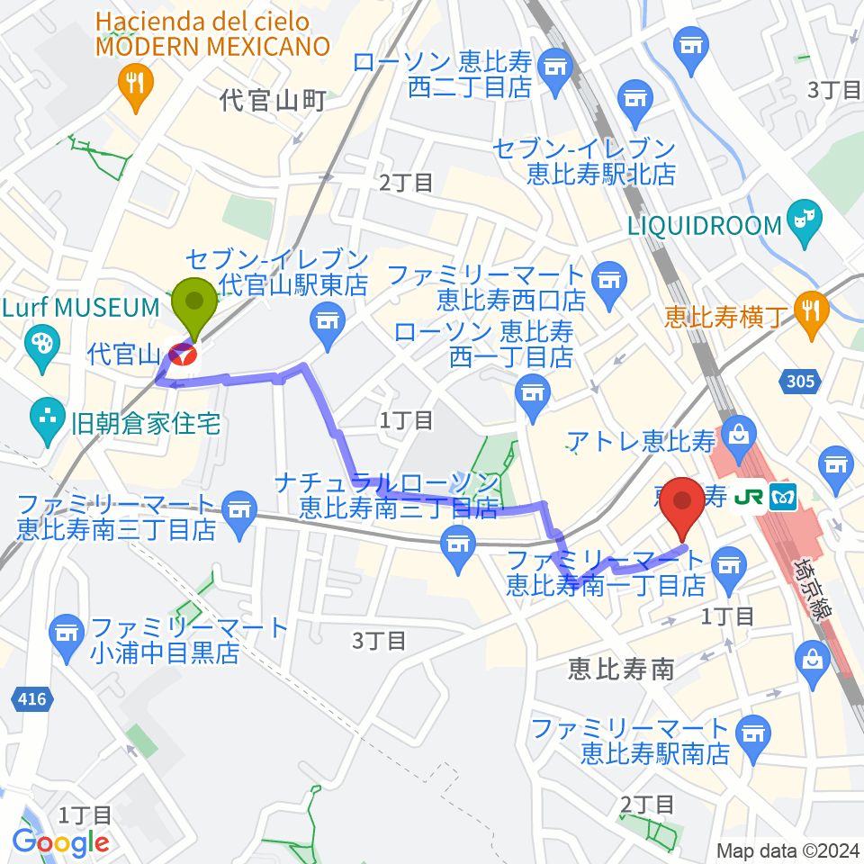 代官山駅から恵比寿JAN KEN PONへのルートマップ地図