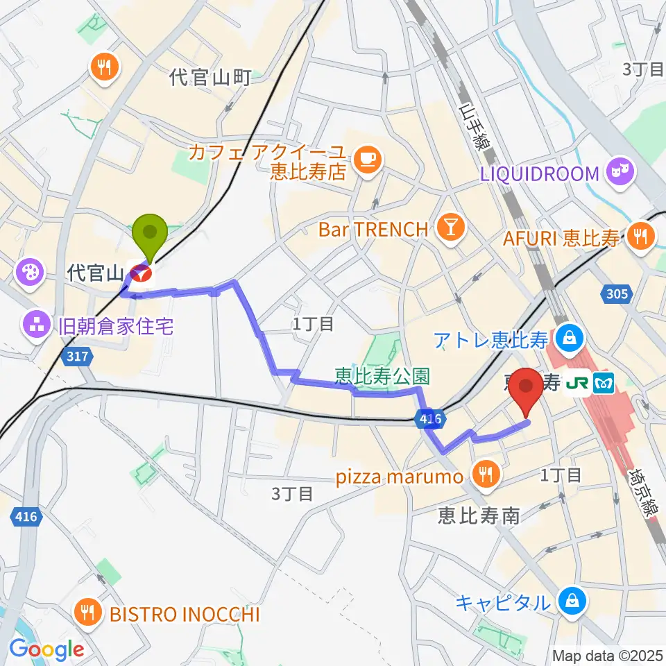 代官山駅から恵比寿JAN KEN PONへのルートマップ地図