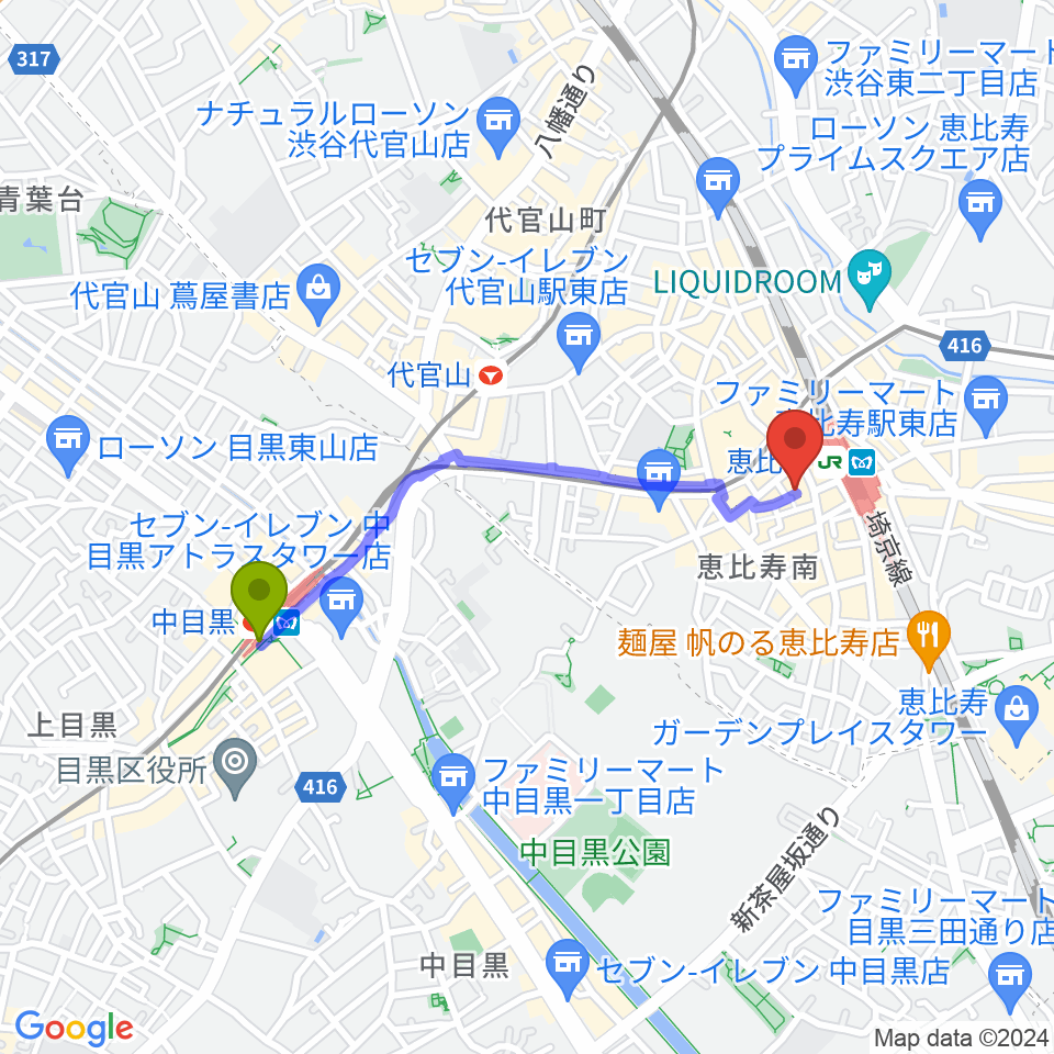 中目黒駅から恵比寿JAN KEN PONへのルートマップ地図