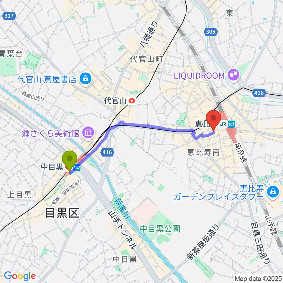 中目黒駅から恵比寿JAN KEN PONへのルートマップ地図
