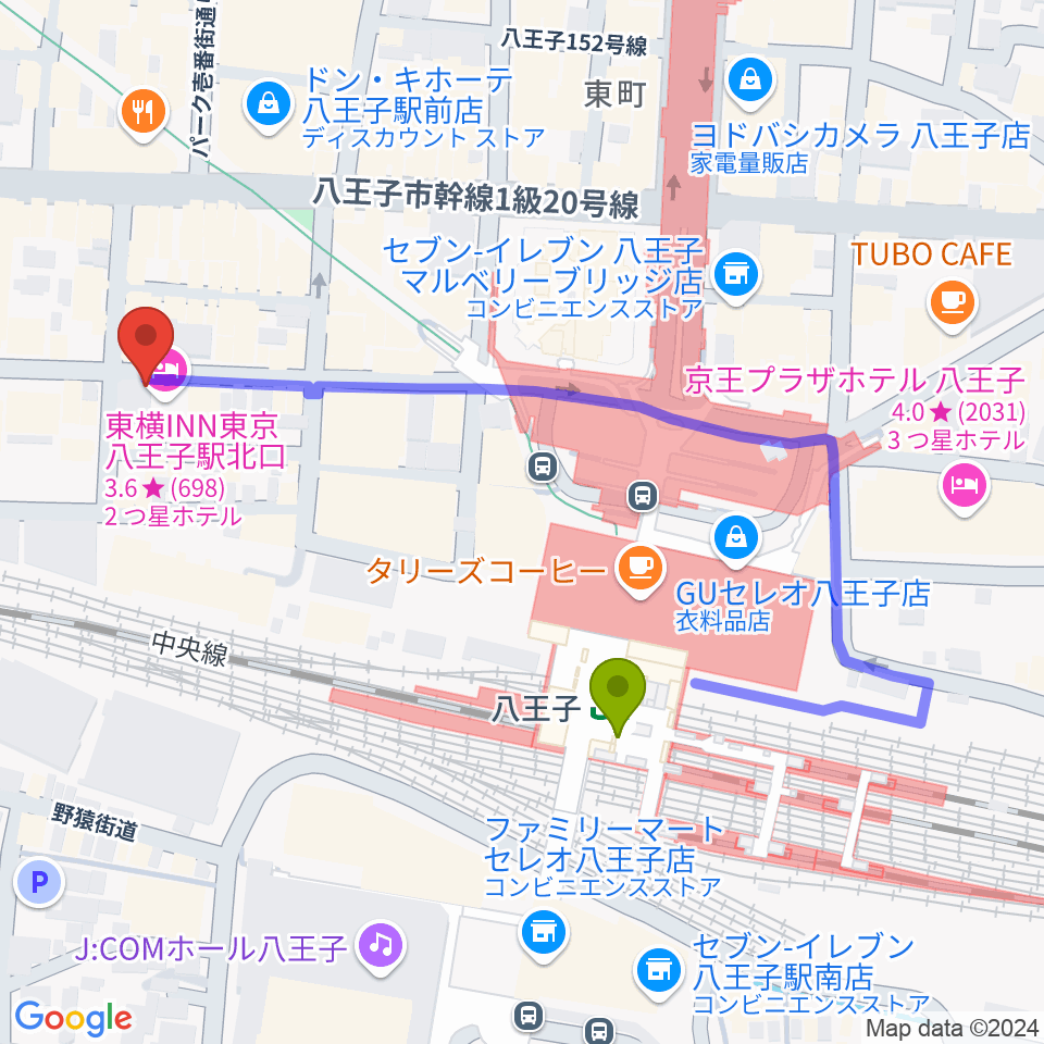 八王子papaBeatの最寄駅八王子駅からの徒歩ルート（約4分）地図