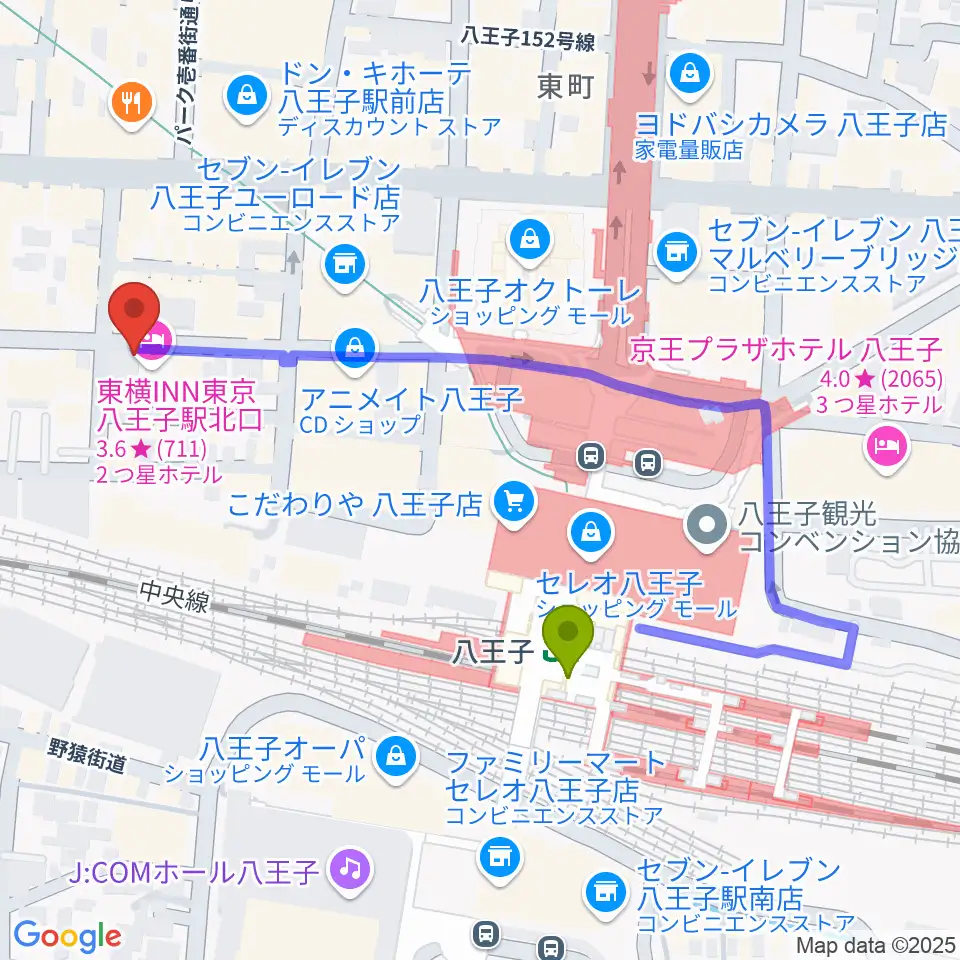 八王子papaBeatの最寄駅八王子駅からの徒歩ルート（約4分）地図