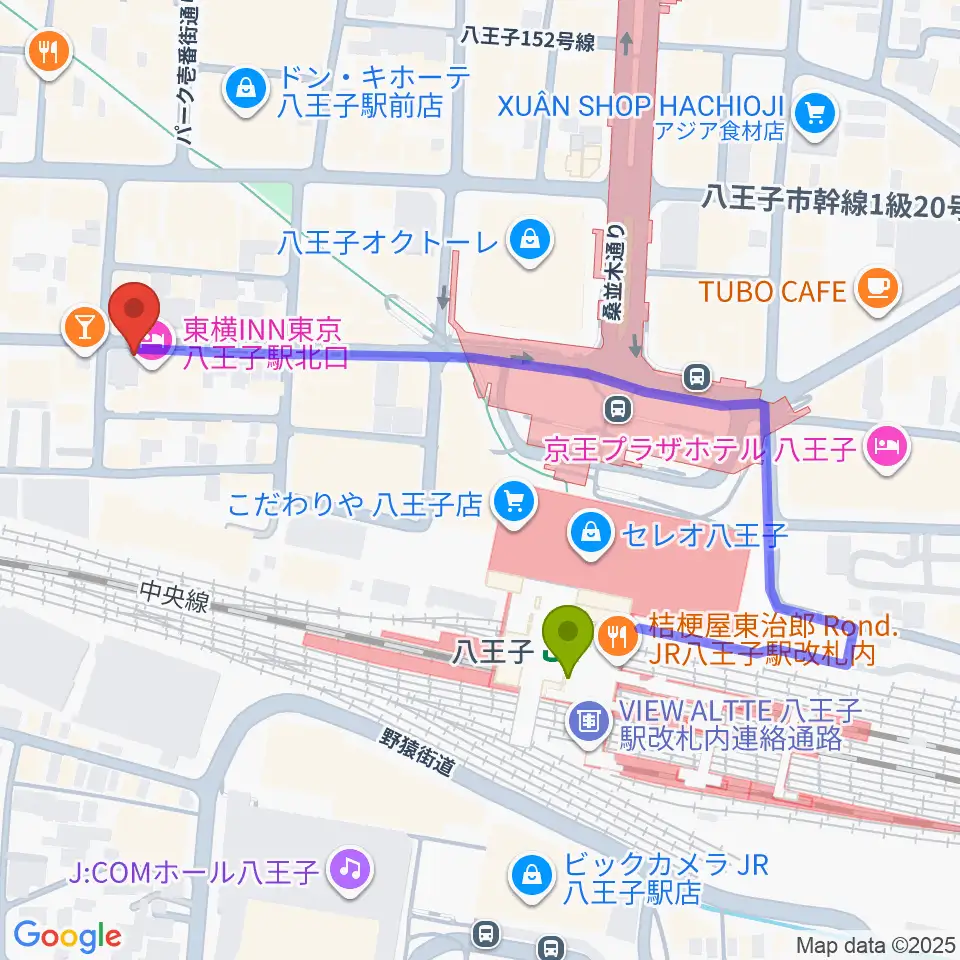 八王子papaBeatの最寄駅八王子駅からの徒歩ルート（約4分）地図