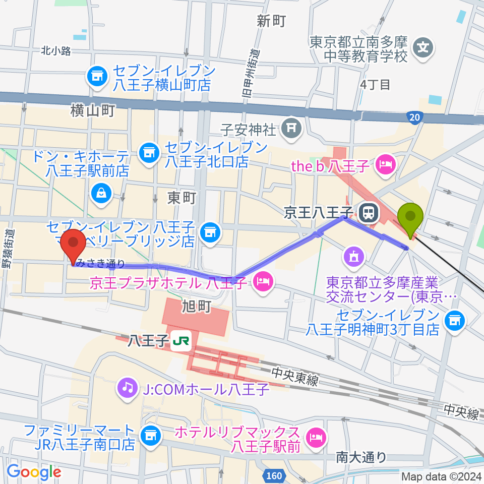 京王八王子駅から八王子papaBeatへのルートマップ地図