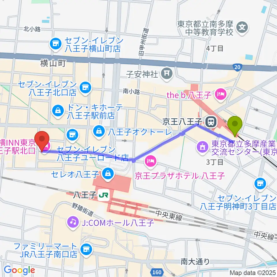 京王八王子駅から八王子papaBeatへのルートマップ地図