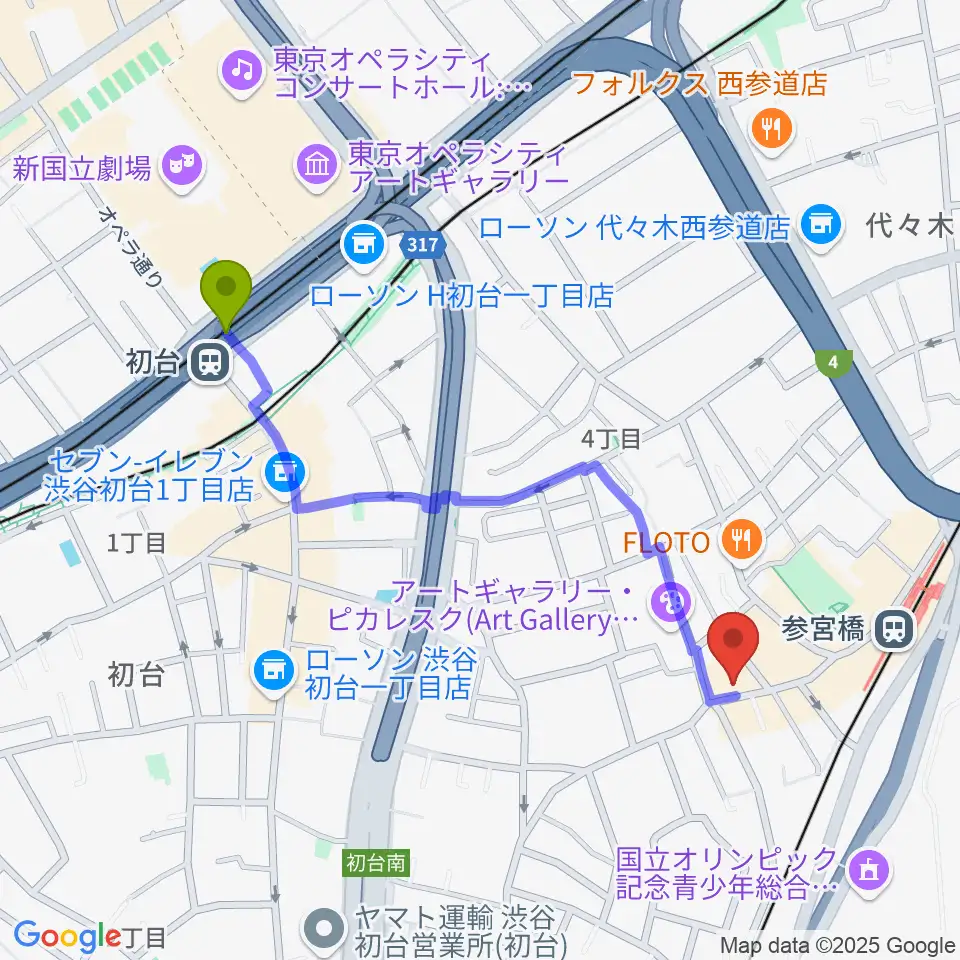 初台駅から参宮橋トランスミッションへのルートマップ地図