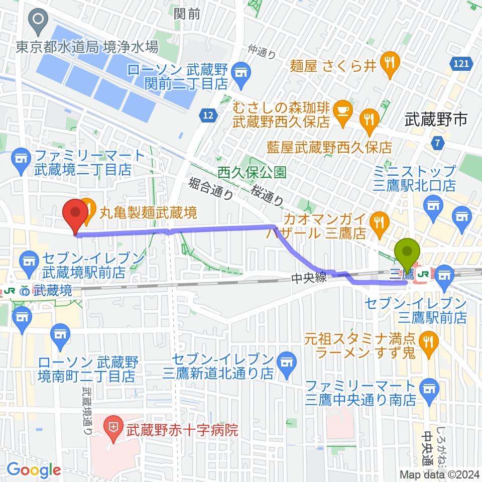 三鷹駅から武蔵境スタットへのルートマップ地図