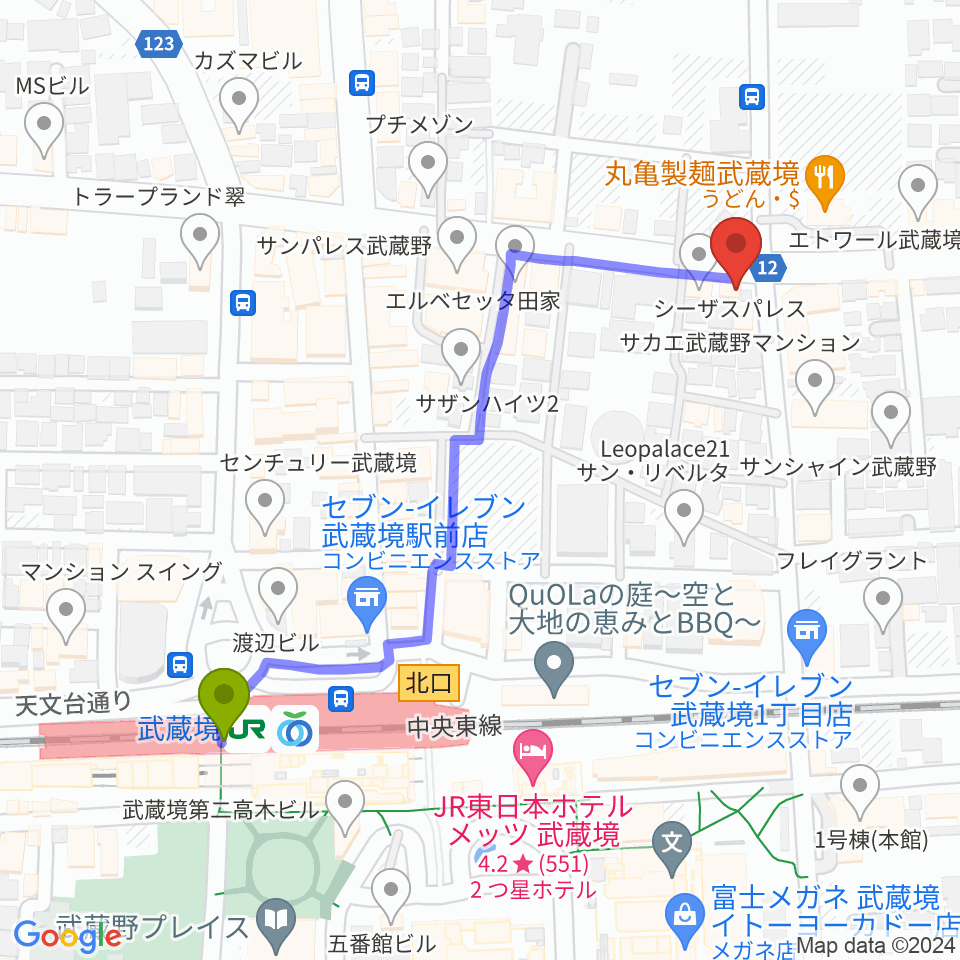 武蔵境スタットの最寄駅武蔵境駅からの徒歩ルート（約6分）地図