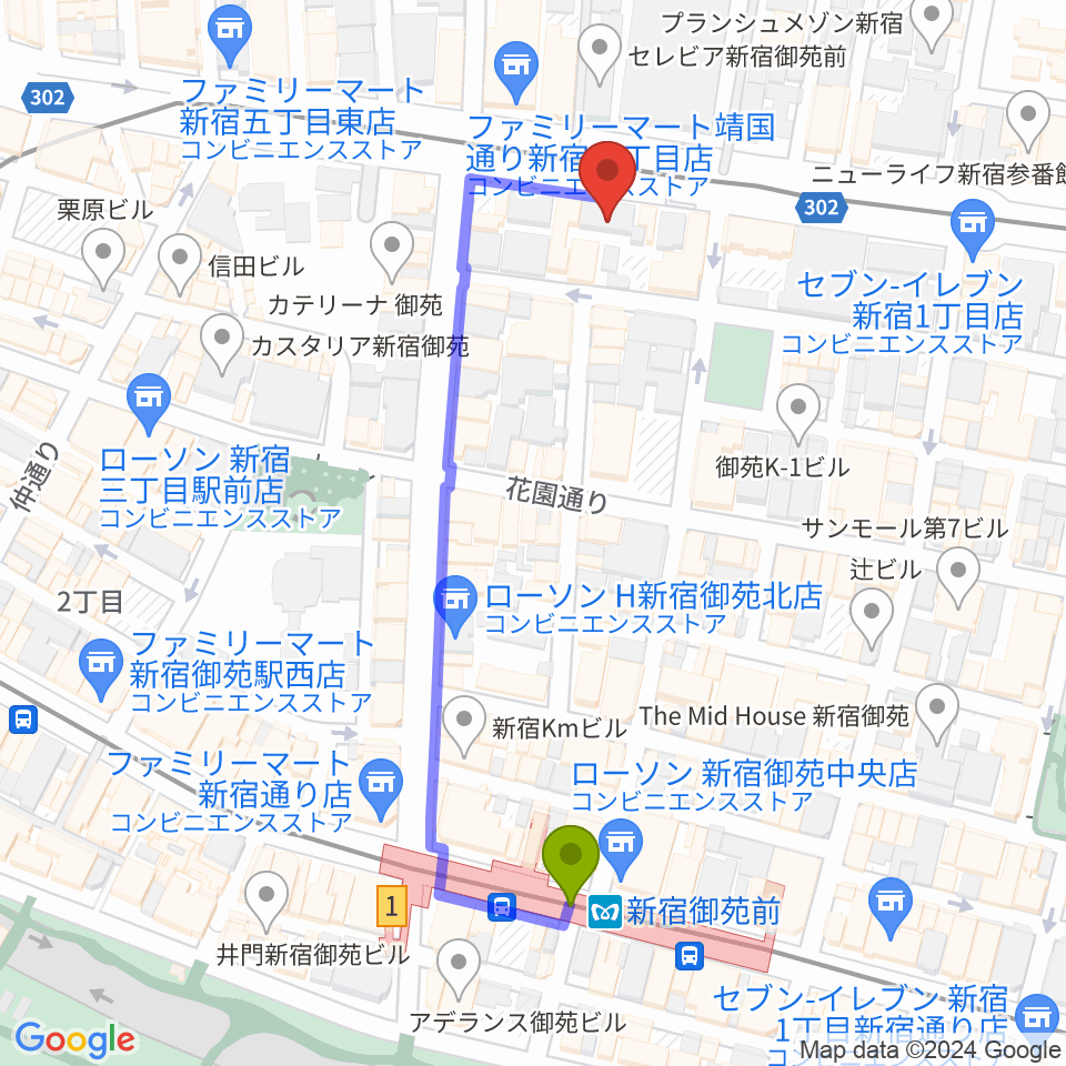 新宿カールモールの最寄駅新宿御苑前駅からの徒歩ルート（約5分）地図