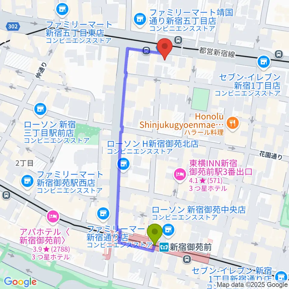 新宿カールモールの最寄駅新宿御苑前駅からの徒歩ルート（約5分）地図