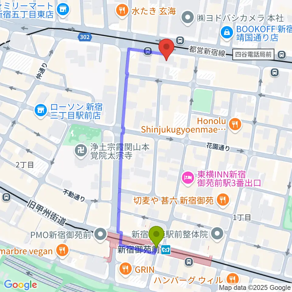 新宿カールモールの最寄駅新宿御苑前駅からの徒歩ルート（約5分）地図