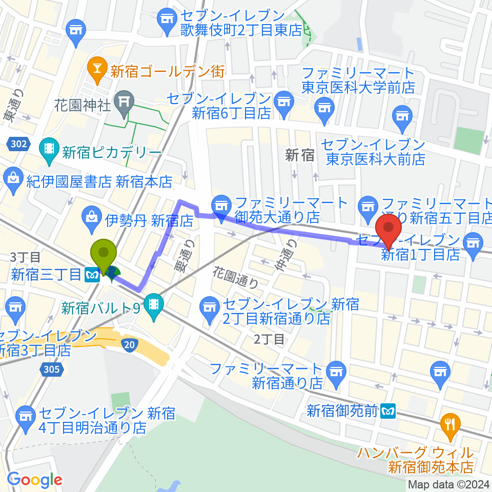 新宿三丁目駅から新宿カールモールへのルートマップ地図