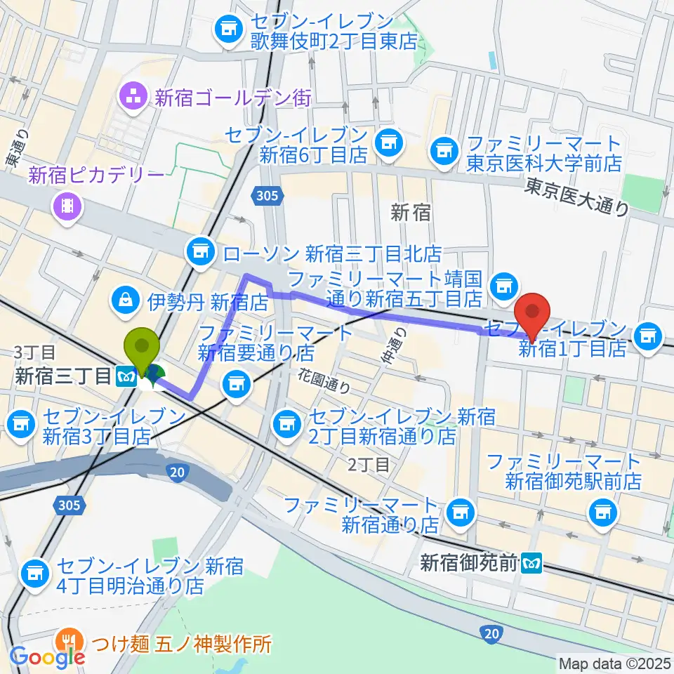 新宿三丁目駅から新宿カールモールへのルートマップ地図