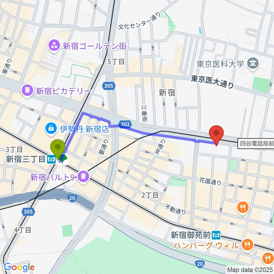 新宿三丁目駅から新宿カールモールへのルートマップ地図