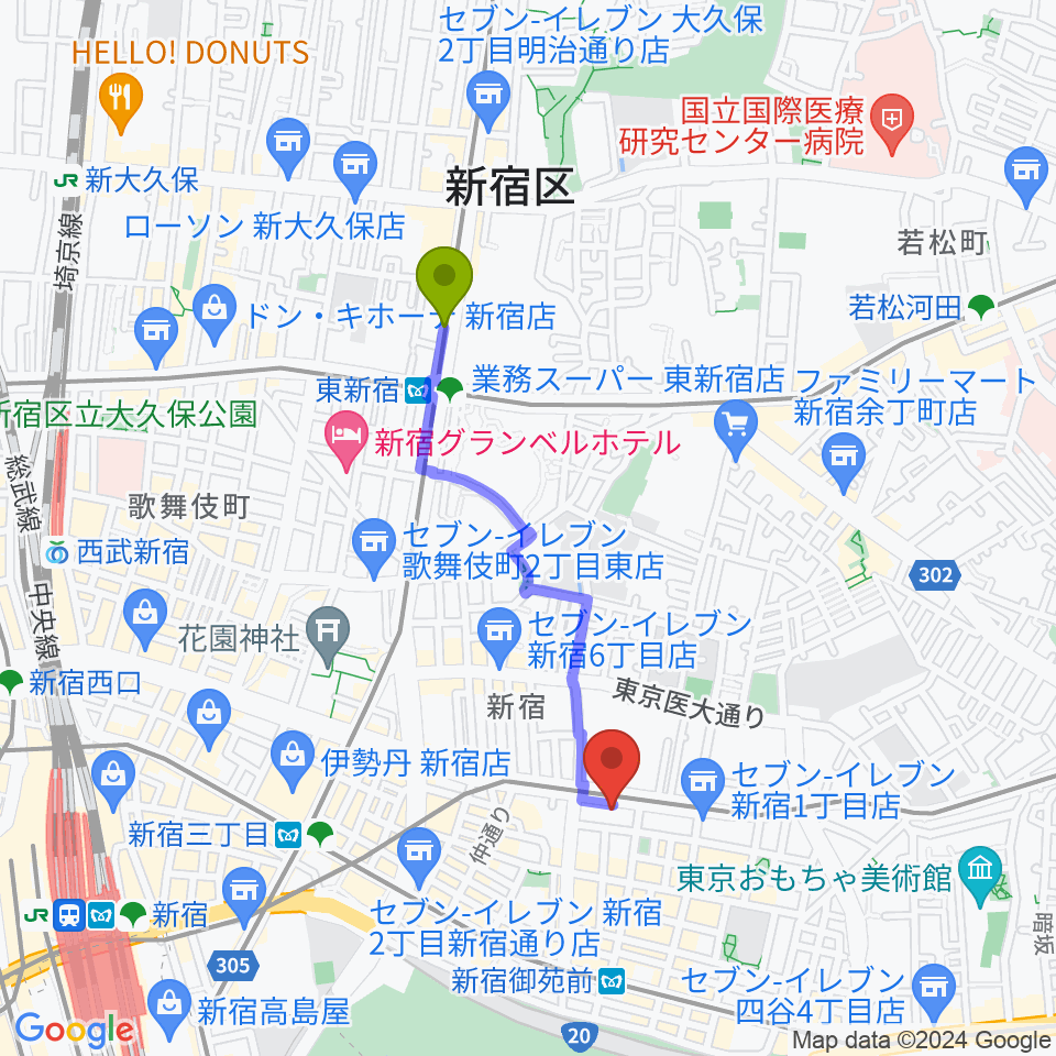 東新宿駅から新宿カールモールへのルートマップ地図