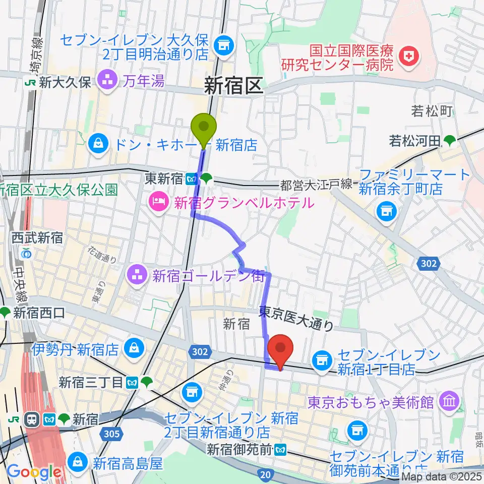 東新宿駅から新宿カールモールへのルートマップ地図