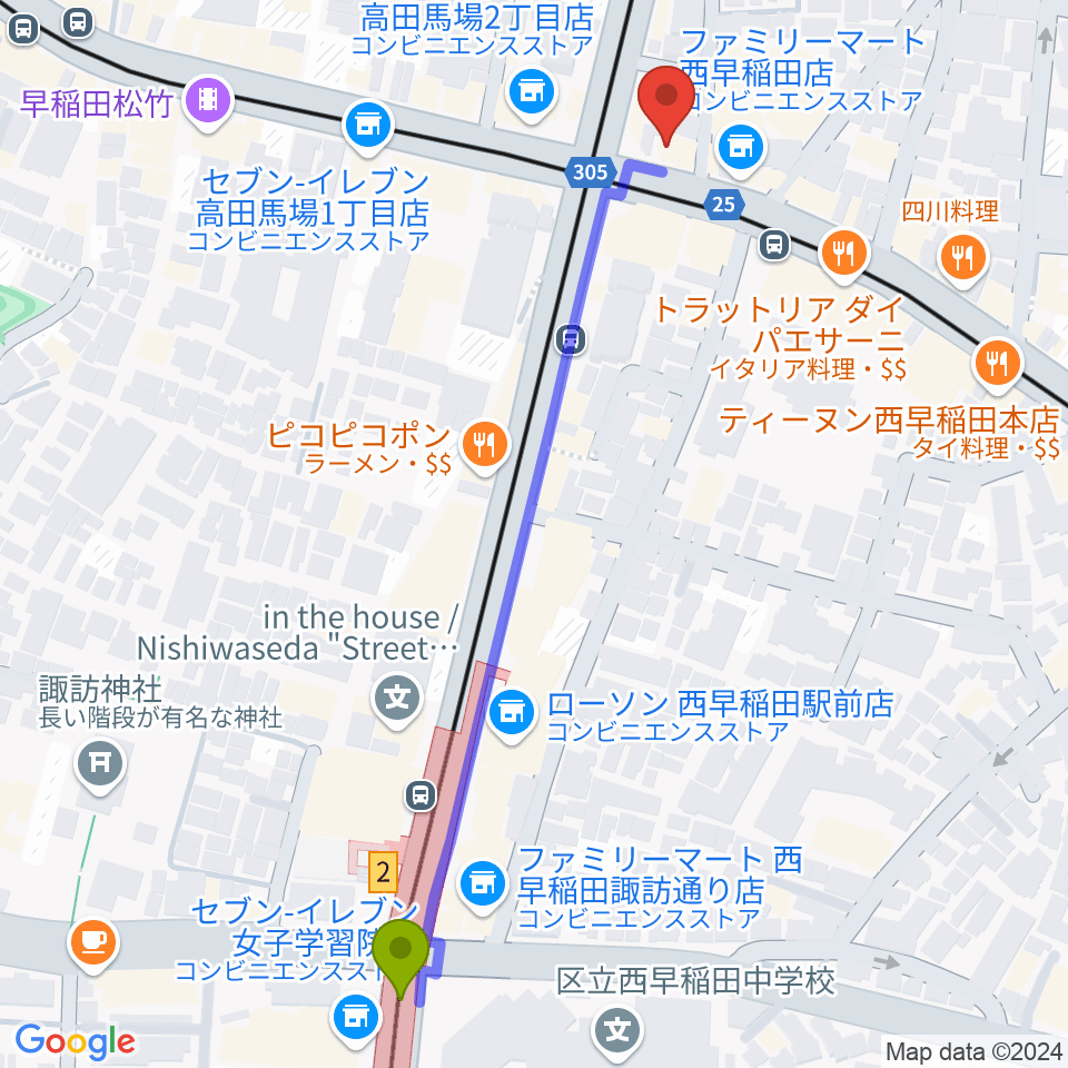 高田馬場JETROBOTの最寄駅西早稲田駅からの徒歩ルート（約6分）地図