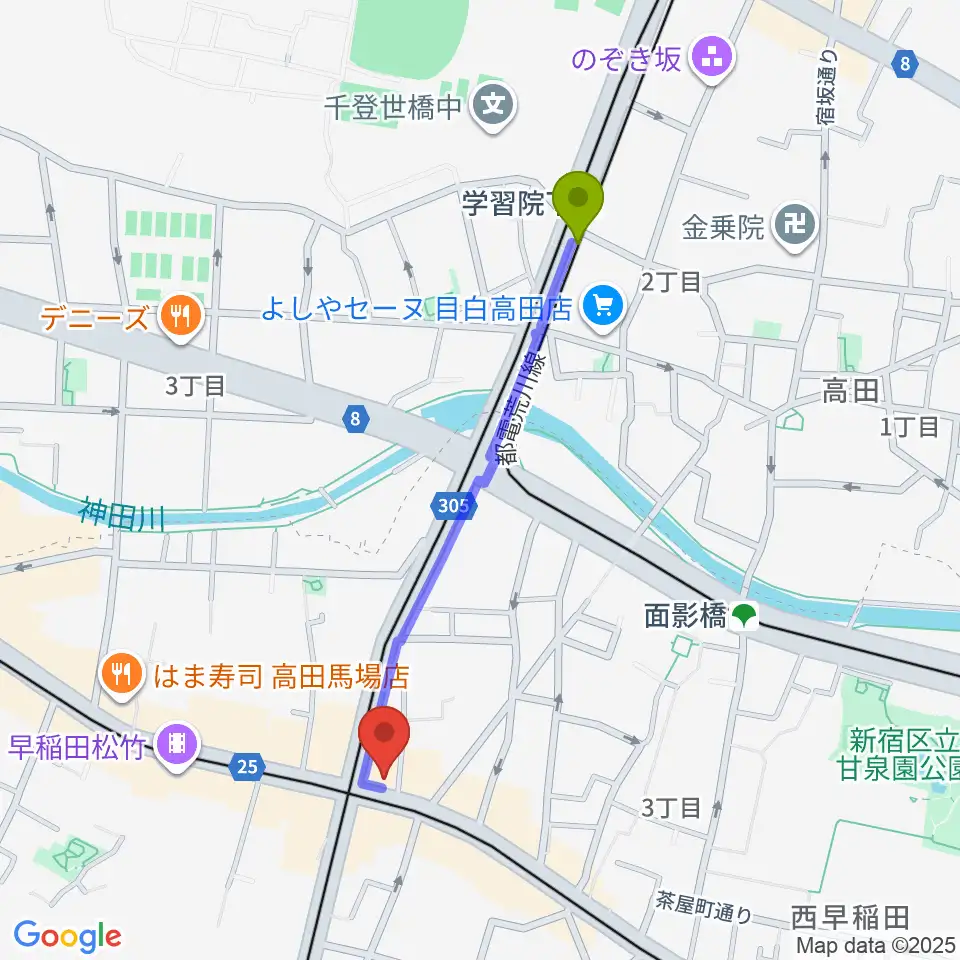 学習院下駅から高田馬場JETROBOTへのルートマップ地図