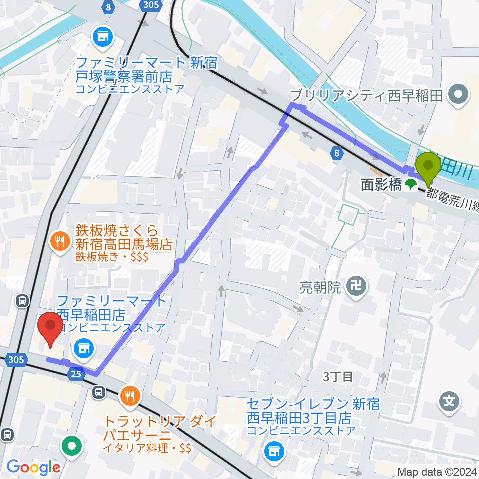 面影橋駅から高田馬場JETROBOTへのルートマップ地図