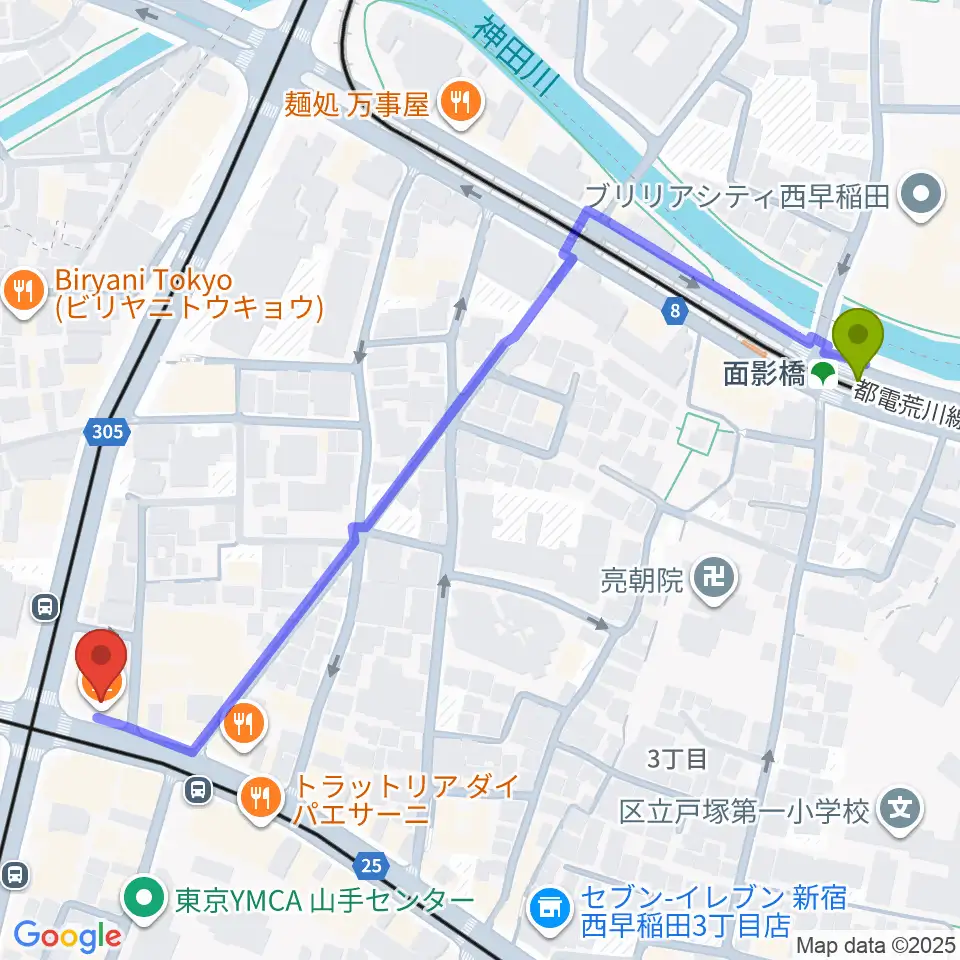 面影橋駅から高田馬場JETROBOTへのルートマップ地図